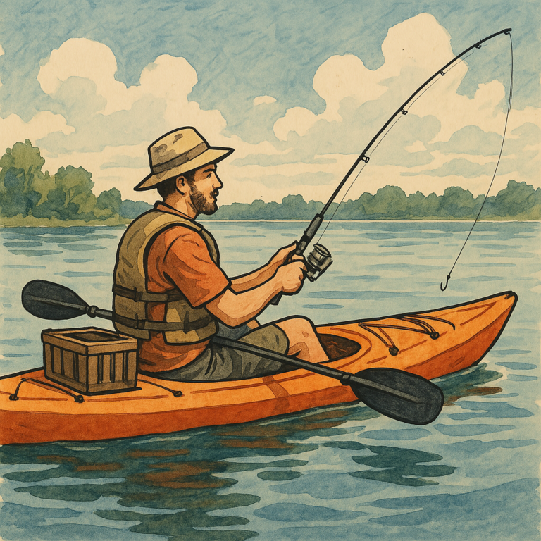 Pêcheur sur un Kayak au milieu de l'eau